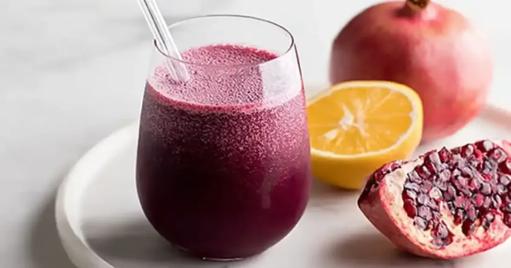 Pomegranate and Beet Juice 1 Glass of fresh pomegranate and beet juice with raw ingredients on a wooden table