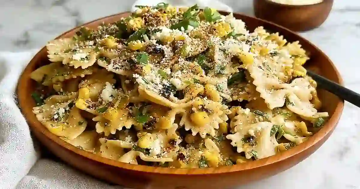 Bowl of Elote Pasta Salad with corn, feta cheese, cilantro, and creamy dressing