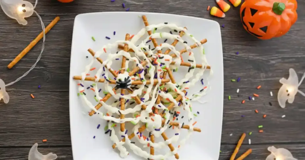halloween chocolate pretzel spider webs